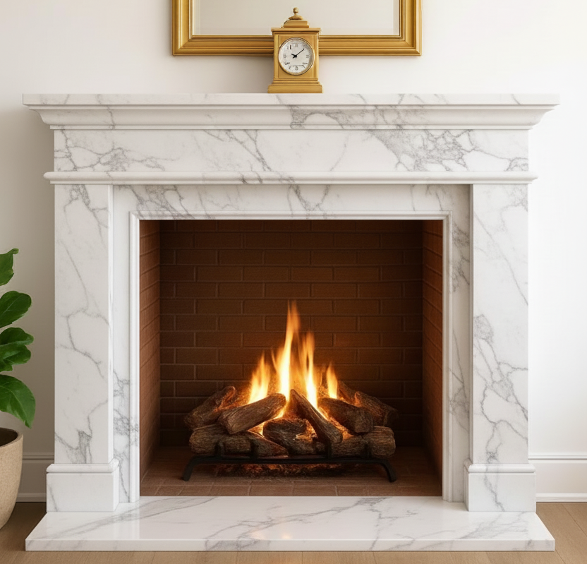 Carrara White Marble Fireplace Surround and Mantel