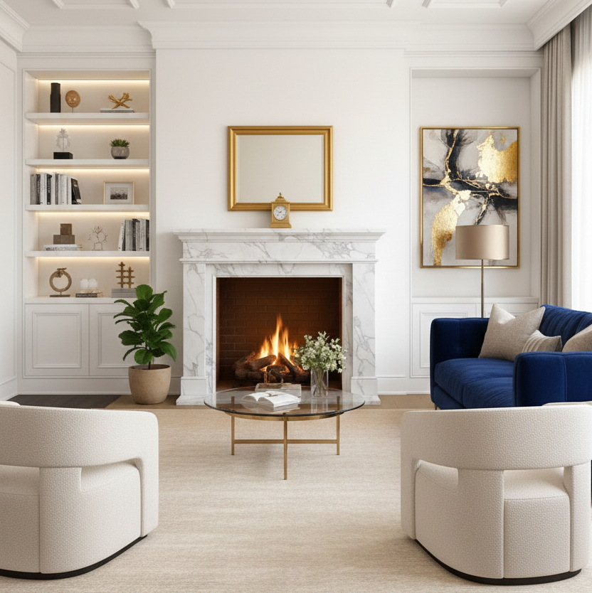 Carrara White Marble Fireplace Surround and Mantel