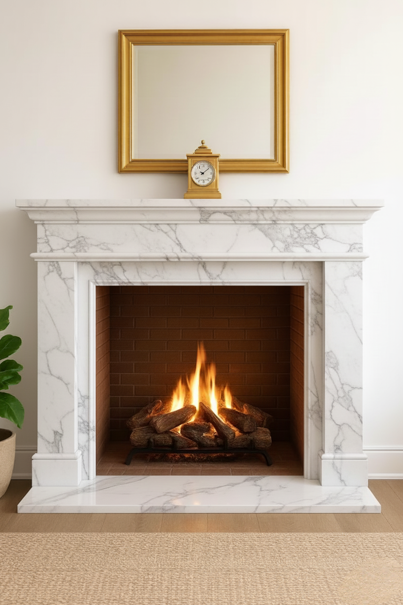 Carrara White Marble Fireplace Surround and Mantel